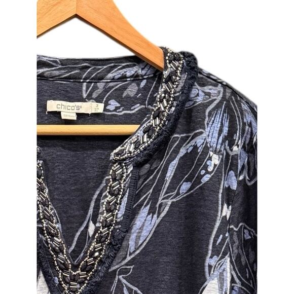 Chico's Linen Floral Embellished Tunic Blue Plus Sz. XL / 16 Chicos Lightweight - Picture 6 of 9